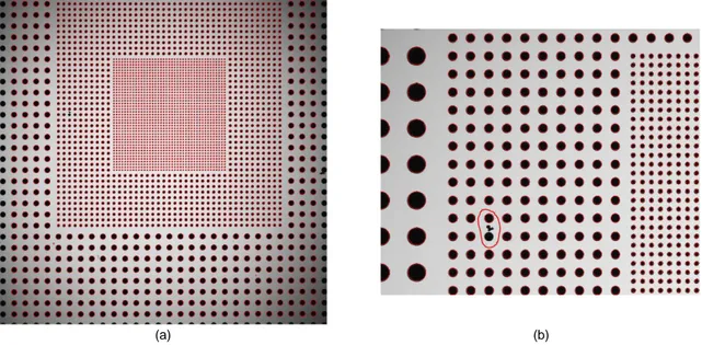 Figure 5.  (a) Shadow image of a transparent dot target, with three groups of dots (62.5 μm, 125 μm and 250 μm)