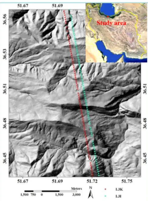 Figure 1- Location of study area in Iran (up right image),  and L3K and L3I footprints over a hillshade