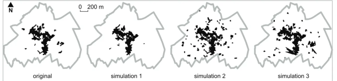 Figure 1: Original impervious polygons from the automatic dataset and three examples of impervious polygons simulations for the municipality of Jonquieres