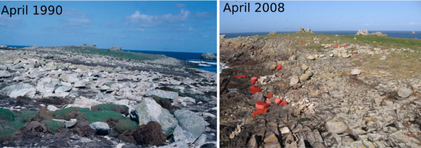 Figure 1: Left: photograph of the central part of Banneg island in April 1990 after major storms flooded part of the island (credits: Bernard Hallégouët); Right: photograph of the north-western embayment in April 2008