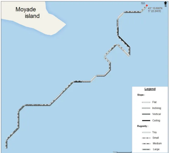 Figure 6 – Cartography of coralligenous habitats around Moyade Island at the isobath 28 ± 1 meters deep with first symbology (to be evaluated).