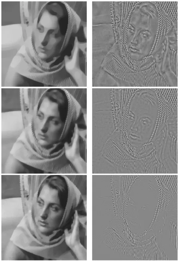 Figure 2: Left: Cartoon part – Right: texture part. From top to bottom: solution R 1 using our algorithm (10 minutes) – solution R 2 using the approach in [1] (10 minutes) – result replacing ||x|| ∞ by ||x|| 1 in (16)
