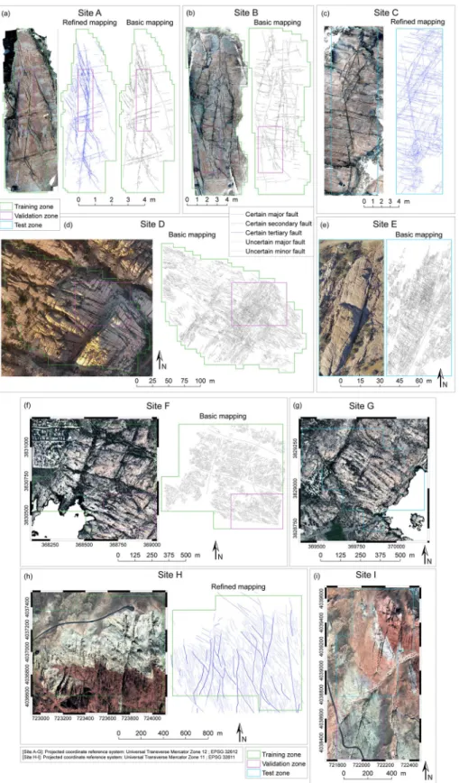 Figure 3.  Sites, images, and ground truth fault maps used in present study. (a–g) from Granite Dells site, (h–i) from Valley of Fire site