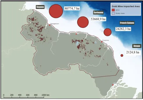 Figure 1-6. Impact des activités d'orpaillage sur la couverture forestière dans le bouclier des  Guyanes en 2014 (Rahm et al., 2015) 