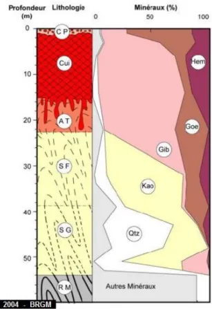 Figure 2-6. Profil latéritique type de des sols de Guyane : argile tachetée (AT), cuirasse (Cui),  cuirasse pisolitique (CP), gibbsites (Gib), kaolinite (Kao), la roche mère (RM), quartz (Qtz), 