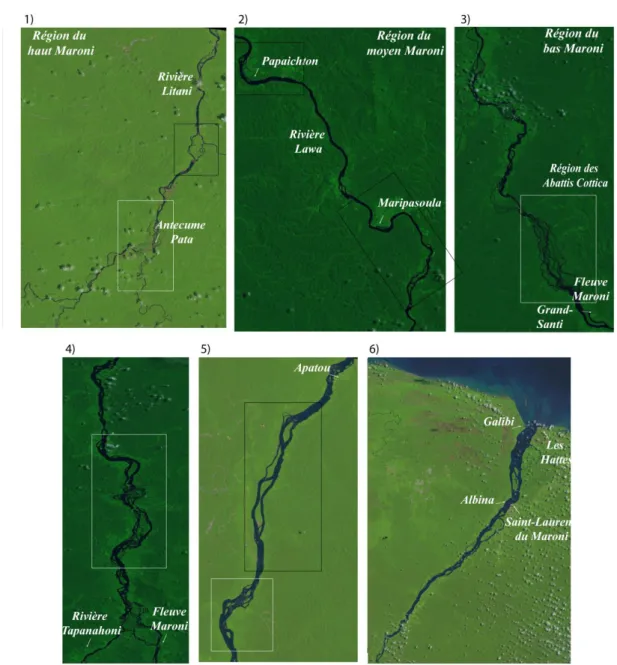 Figure 2-9. Formes géomorphologiques fluviales en tresses (rectangles blancs) et  méandriformes (rectangles noirs) d’Antecume Pata à l'estuaire du Maroni
