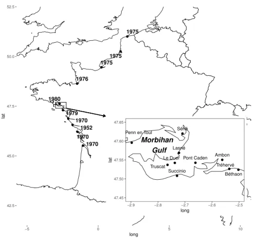 Figure 1.3: Colonization of the French coast. Date are indicated closely to the sites.