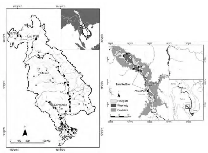 Fig. 5. Carte du bassin du Mékong en aval (à gauche) et du grand lac Tonlé Sap (à droite)
