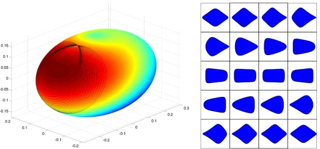 Figure 7: On the left: Every closed curve on the ellipsoid corresponds to an optimal stroke (minimizing the cost for a given distance but also maximizing the distance for a given cost)