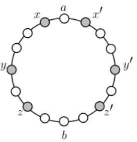 Fig. 1. A configuration C in a ring with 16 nodes. The occupied nodes are depicted in grey.