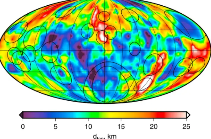 Figure 9. Impact basins with sizes greater than 500 km diameter superposed on the depth to the top of magnetization