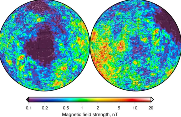 Figure 11. Total magnetic ﬁeld strength of the Moon at 30 km altitude centered over the (left) Imbrium and (right) Orientale basins