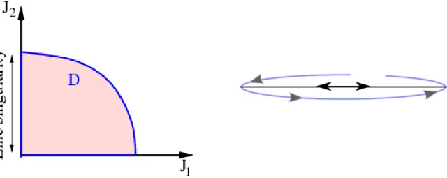Figure 2. Left: schematic picture of a line singularity. Right: orbits of a particle in a spherical potential with L = 0 (black line) and L small (blue elongated orbit).