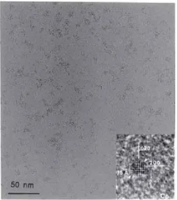 Figure 1.5: Image TEM et HREM de nanoparticules de cobalt fcc. Image reproduite d’après 7.
