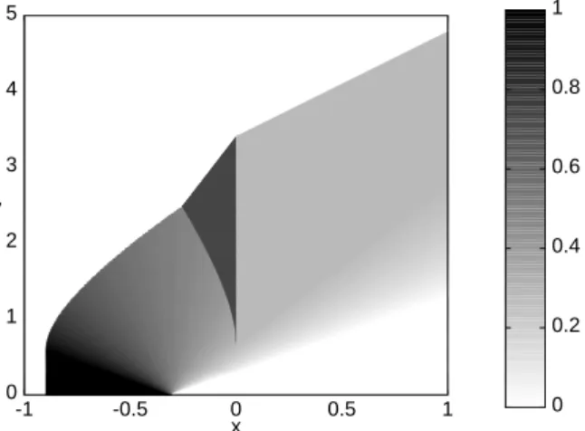Figure 4: The (x, t)–plane showing the numerical integration of (3.1) with x c = 0, ρ o = χ