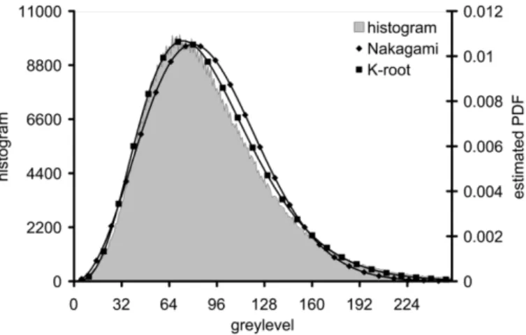 Fig. 6. Plots of the image histogram and of the estimated Nakagami and K -root PDFs for the “Flevoland” data set.