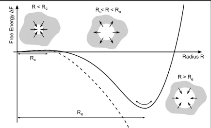 Figure 1: Schematic representation of the free energy of the system as a function of the radius R of the bubble: innite liquid (dashed line), conned liquid (plain line).