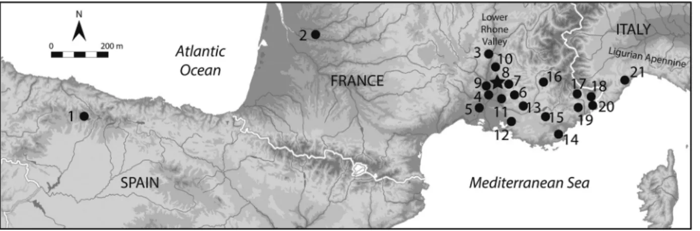Figure 1. Locations of archaeological sites mentioned in the text. 1) Valdelugueros – La Braña (cave); 2) Saint-Germain-la-Rivière (rockshelter); 3) Malataverne – Aven des Iboussières (sinkhole); 4) Remoulins – Taï (cave); 5) Nîmes – Mas de Vignoles X; 6) 