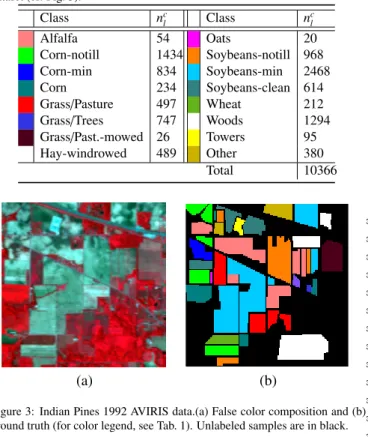 Figure 4: Indian Pines 2010 SpecTIR data.(a) RGB composition and (b) ground truth (for color legend, see Tab