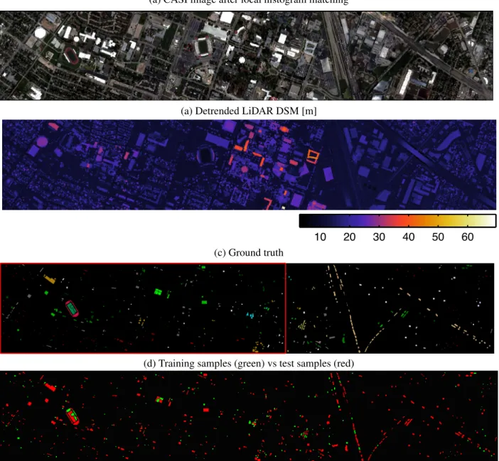 Figure 5: Houston 2013.(a) RGB composition of the CASI data, (b) DSM issued from the LiDAR point cloud and (c) train and test ground truths