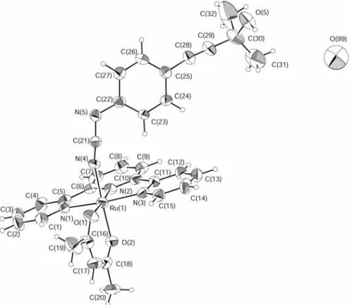 Figure III-2 : Dessin ORTEP du complexe [Ru(tpy)(acac)(hmbpcyd)]·H 2 O  (13) avec la numérotation  des atomes