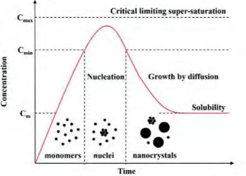 Figure 1.2: Lamer diagram showing the growth steps of nanoparticle in the solution (from [29])