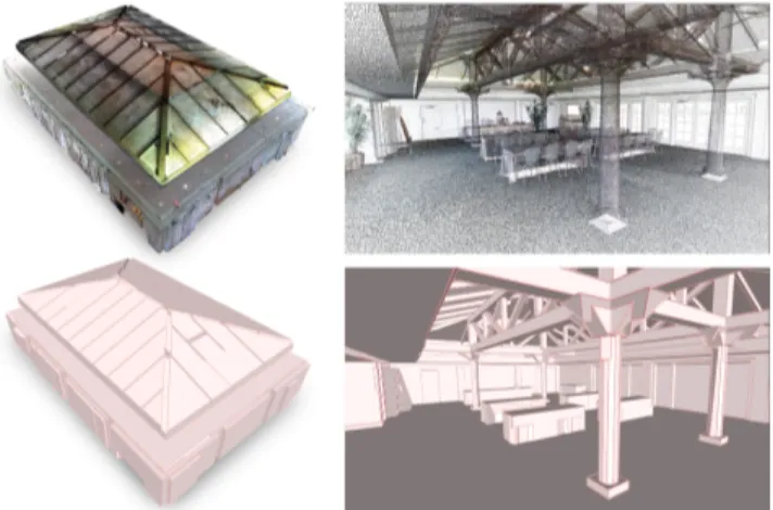 Fig. 1. Goal of our approach. Our algorithm converts a point cloud (top), here a 3 M points laser scan, into a concise and watertight polygon mesh (bottom), in an automated manner