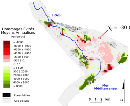 Figure 1: Y (200) , carte des Dommages ´ Evit´ es Moyens Annualis´ es sur une grille r´ eguli` ere constitu´ ee de cellules de cˆ ot´e s = 200 m