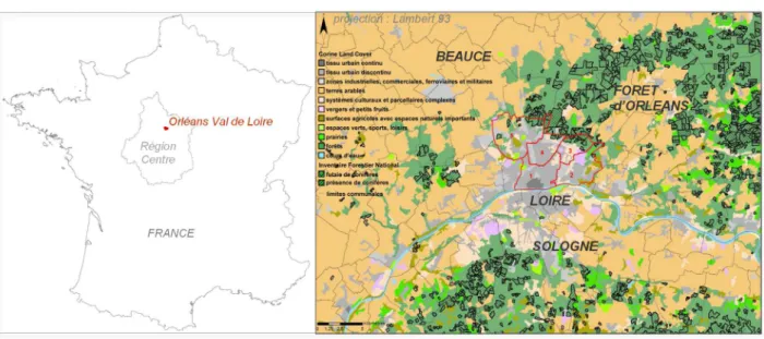 Figure 1 : Localisation géographique et environnement de la zone d’inventaire de la processionnaire du  pin et de ses arbres-hôtes potentiels : en rouge, limites des cinq communes inventoriées (1