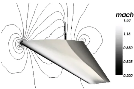 Figure 10: Mach number field on the wing and Mach number contours in the symmetry plane: single fine parameterization