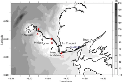 Figure 1. Illustration du trajet du navire &#34;Enez Eussa III&#34; entre Brest et Ouessant,  bathymétrie et localisation des points d'extraction A, B et C.