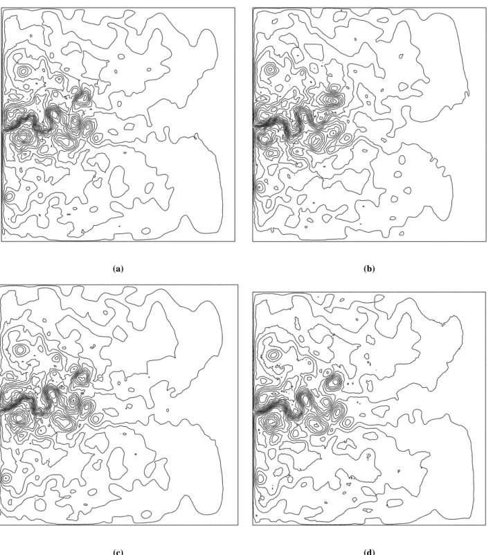 Fig. 12. Upper layer of: true initial state (a), initialization (or background) state for both 4D-VAR and BFN algorithms (b), and initial states identified by the BFN (c) and 4D-VAR (d) algorithms.