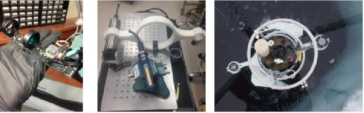 Figure 6. The image to the left shows the optics and electronics of the detector. The central image shows the pressure housings in Titanium and the HDPE mounting collar