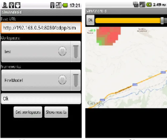 Figure  3.  Interface  on  Android  devices:  fire  simulation  model  for  a  given  geographical area