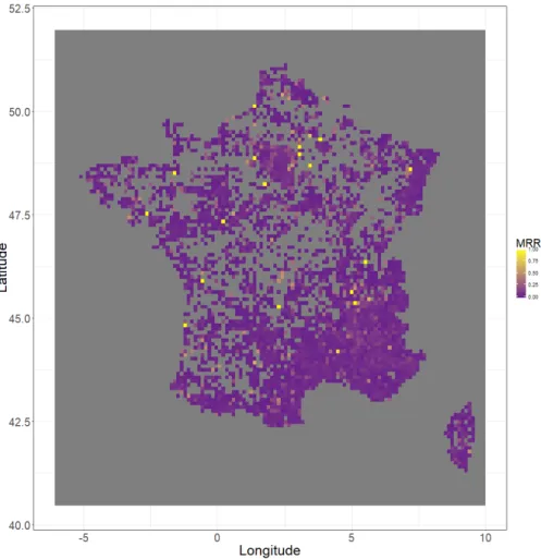 Fig. 4. MRR per 10×10km square spatial quadrat for FLO 3 over the study region.