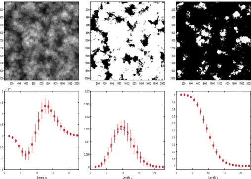 Fig 7 . Shot-noise ﬁeld as in Section 2.3 with B = 1, a.s., ν = 5 × 10 − 4 with random disks of radius R = 50 or R = 100 (each with probability 0.5) in a domain of size 2 10 × 2 10 pixels.