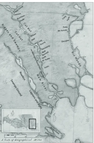 Figura 1. Reparto de tierras a lo largo de los ríos en el norte de Belice, 1814