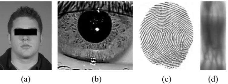 Fig. 1. Examples of biometric characteristics (images from publicly available research databases [27]–[30])