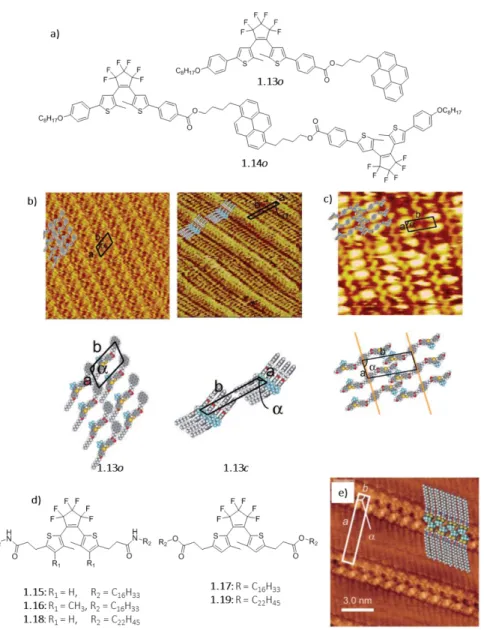 Figure 1.3.  a) Structures of  1.13  and  1.14 . b) STM images of open and closed forms of  1.13  ( o ,  c  respectively)