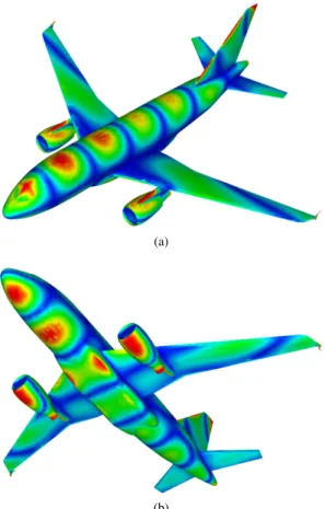 Fig. 15: Scattering of a plane wave by an aircraft: the contour lines of the Fourier Transform of the |E| at 600 MHz obtained by the the DGTD- P 2 method based on the combined  Lawson-LSRK scheme.