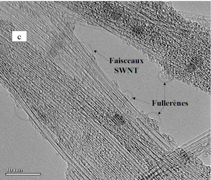 Figure I-14c: micrographie réalisée au MET et  illustrant les fullerènes et les faisceaux de SWCNTs  (fagots)   