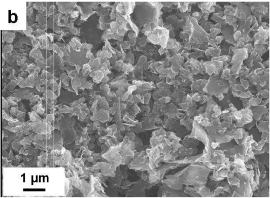 Figure II-5b: Micrographie réalisée au MEB de la poudre de  graphite préparée au LAPLACE ( φ&lt; &lt;&lt;&lt; 1 µm) 