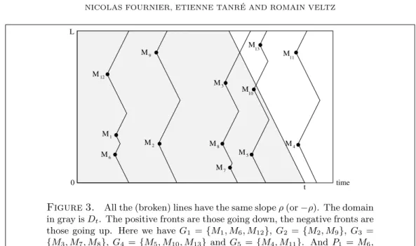 Figure 3. All the (broken) lines have the same slope ρ (or −ρ). The domain in gray is D t 