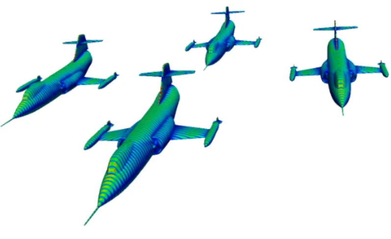 FIGURE 5 Scattering of a plane wave by a squadron of Lockheed F-104 Starfighter: contour line of | E | for the HDG-P 3 method.