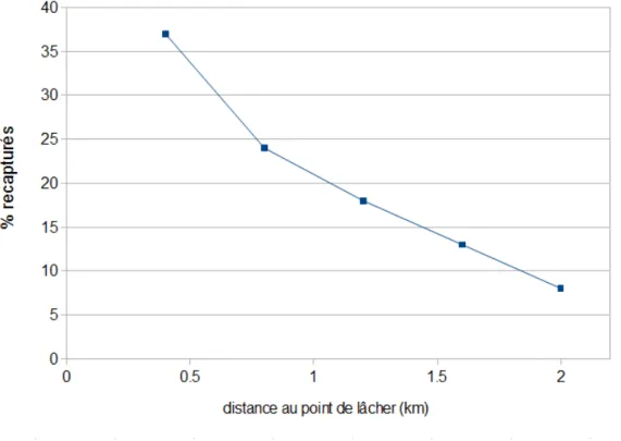 Figure 7 : Pourcentage de moustiques An. gambiae s.l. recapturés en fonction de la distance  au point de lâcher, en Tanzanie (d'après Gillies (1961)) 