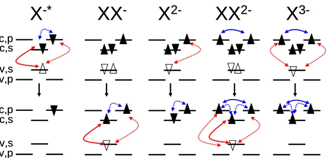Figure 36 : Schéma des complexes négativement chargés pour l’un de leur état initial (haut) et l’un de leur état  final  (bas)  après  recombinaison