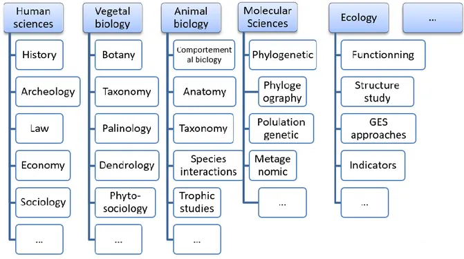 Figure  4 :  Organisation  en  “silo”  des  systèmes  de  gestion  de  données  sur  la  biodiversité  :  cette spécialisation  excessive  des  recherches dans  le domaine  de  la  biodiversité se décline aussi selon les régions et les types d’habitats