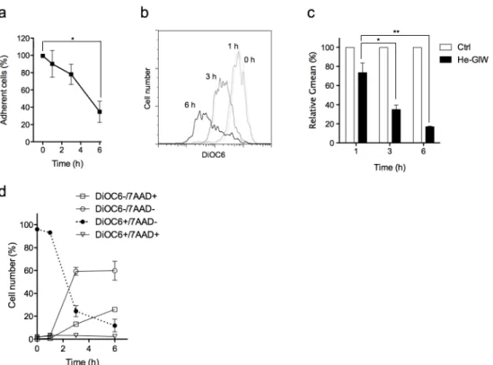 Fig 6. Mitochondrial membrane depolarization precedes cell membrane alteration. (a) Adherent cell percentage was monitored for 6 h after He-GIW treatment
