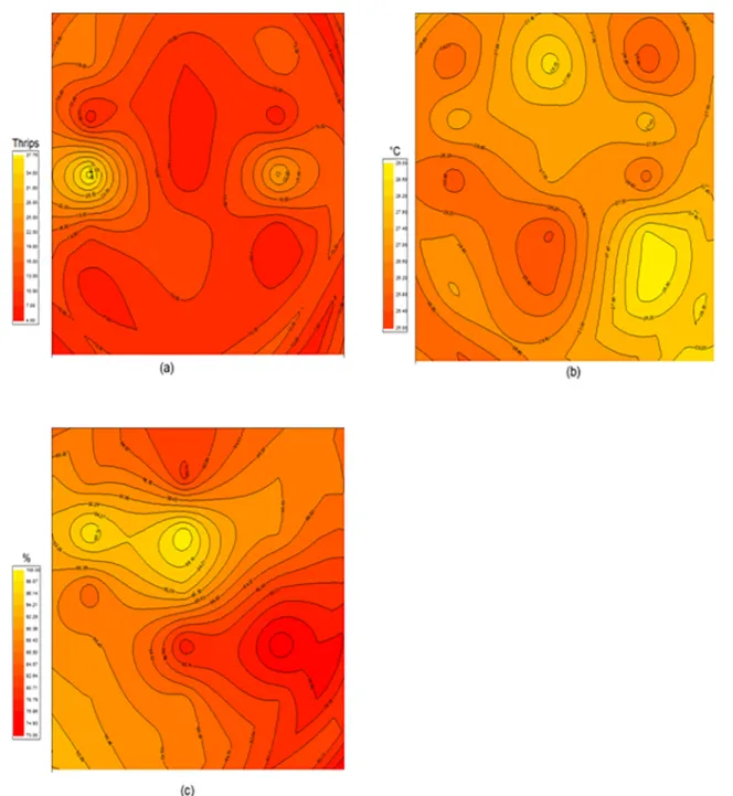Fig 3. Contour maps of the (a) thrips population size (b) weekly mean diurnal temperature and (c) weekly mean air humidity within the experimental crop.