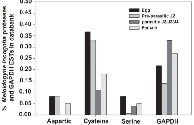 Figure 1.  In silico analyses of all Meloidogyne incognita aspartic, serine and cysteine proteases ESTs present in EST data bank dbEST